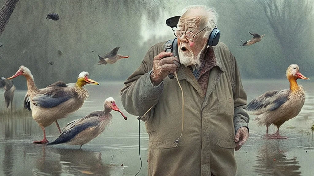 old man talks on phone while chasing ducks away,