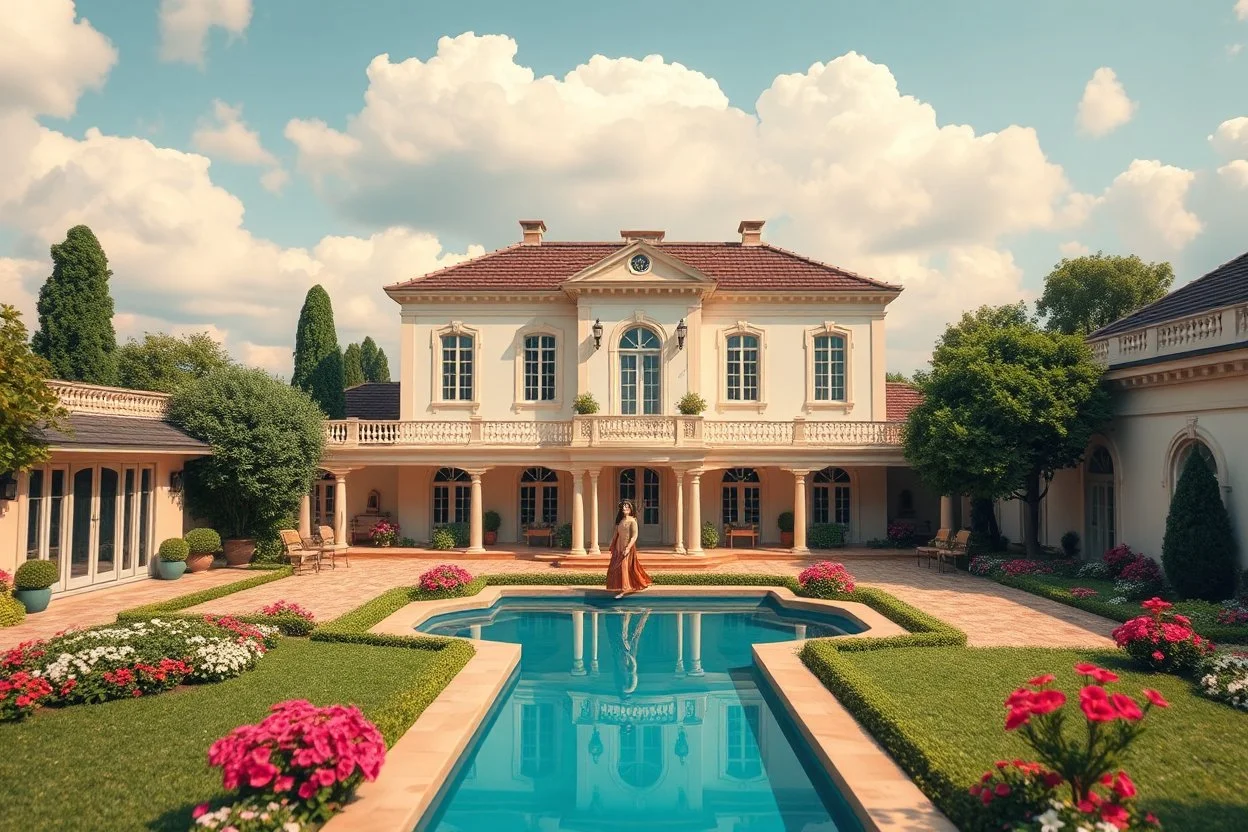 a luxury villa yard with pool in center and pretty plants trees flowers, pretty clouds,a pretty model lady in victorian clothing walking in villa yard green path next pool .every thing and lady is made of small colored cubes as a puzzle