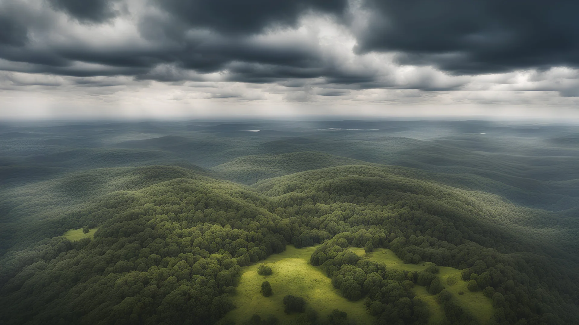 The forest goes beyond the horizon. A flat landscape. The sky is overcast. Spring. sky view, from above view. 10 miles above the ground. Beautiful Rainy clouds. Paint style. Many details. Satin ember new day. Vibrance! HDR tonong!