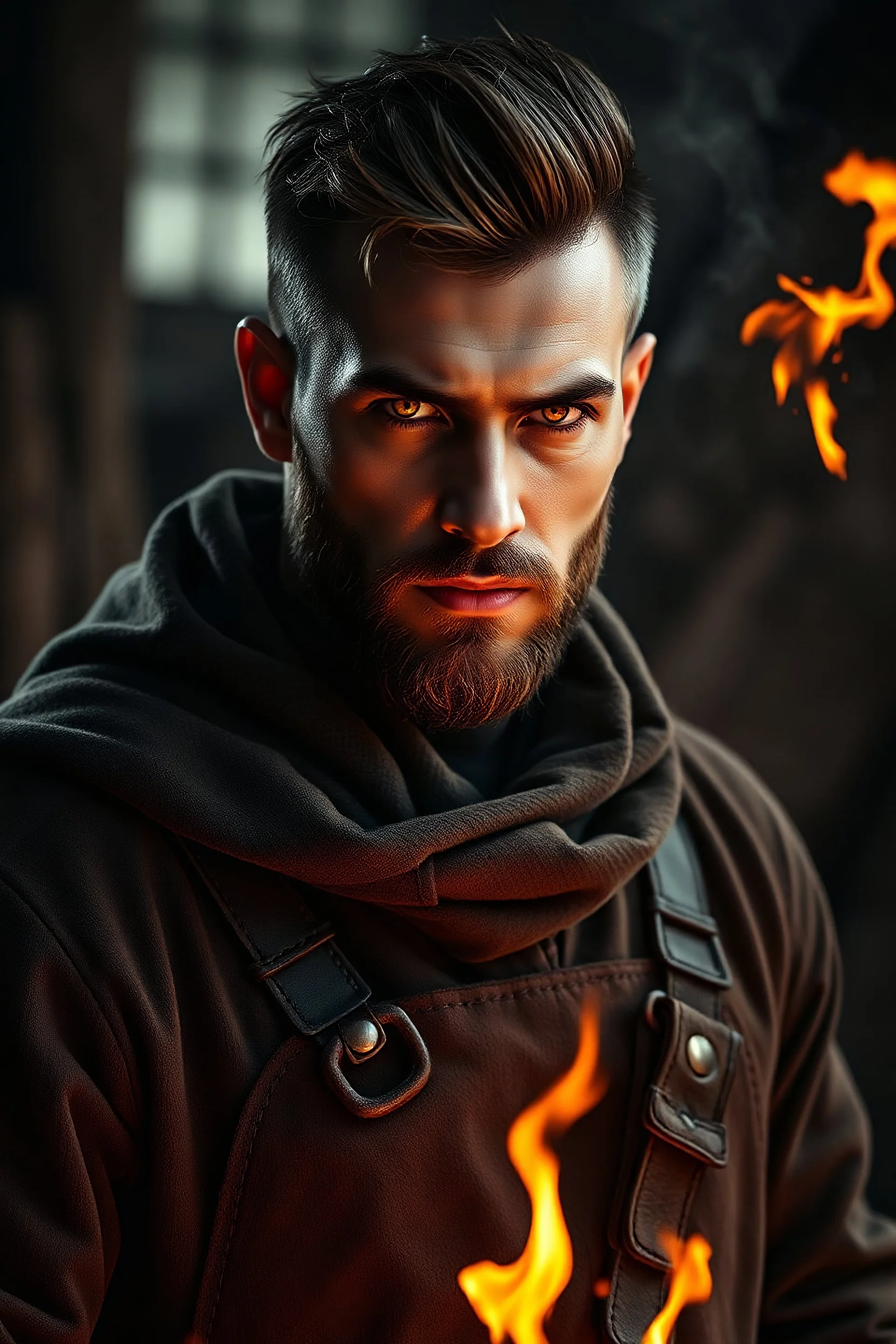 man, intense, handsome, fire, blacksmith clothes, glowing orange eyes