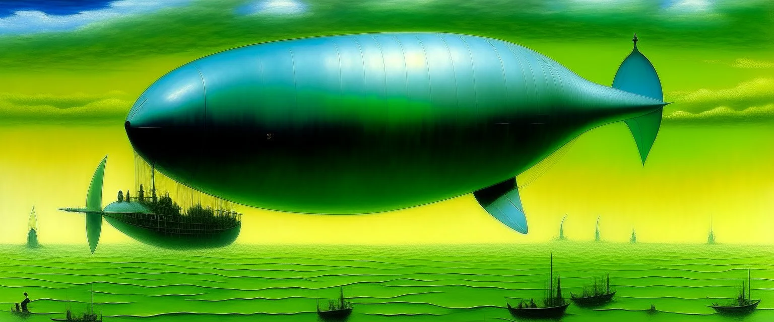 A cyan sky with electrical airships painted by Georges Seurat