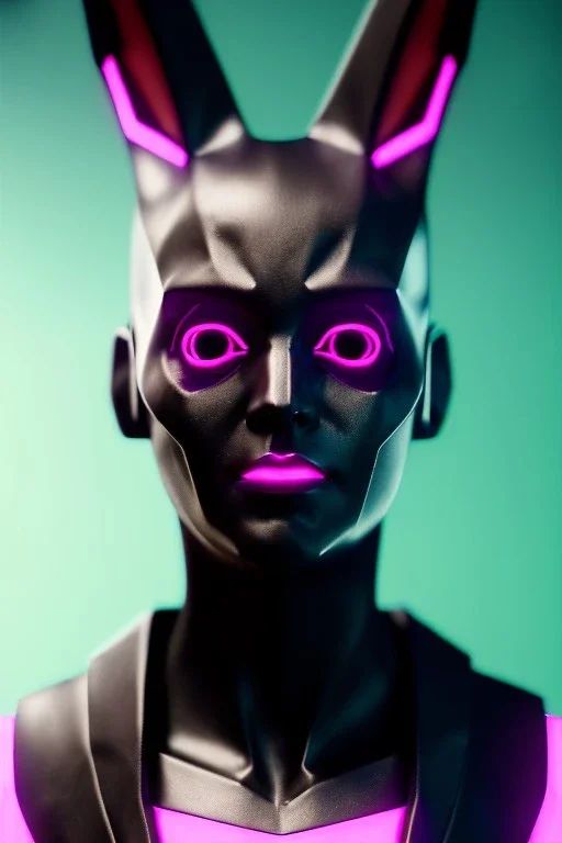 Medium Close Up Portrait, Front image. cyberpunk, rabbit mask, teenager woman, black hair and beard. latex suit army. Pink, black, color. Cyber futuristic style. Color background, photo studio. Avatar image, highly detailed, concept art, smooth, unreal engine 5, ray tracing, RTX, lumen lighting, ultra detail, volumetric lighting, 3d, finely drawn, high definition, high resolution.