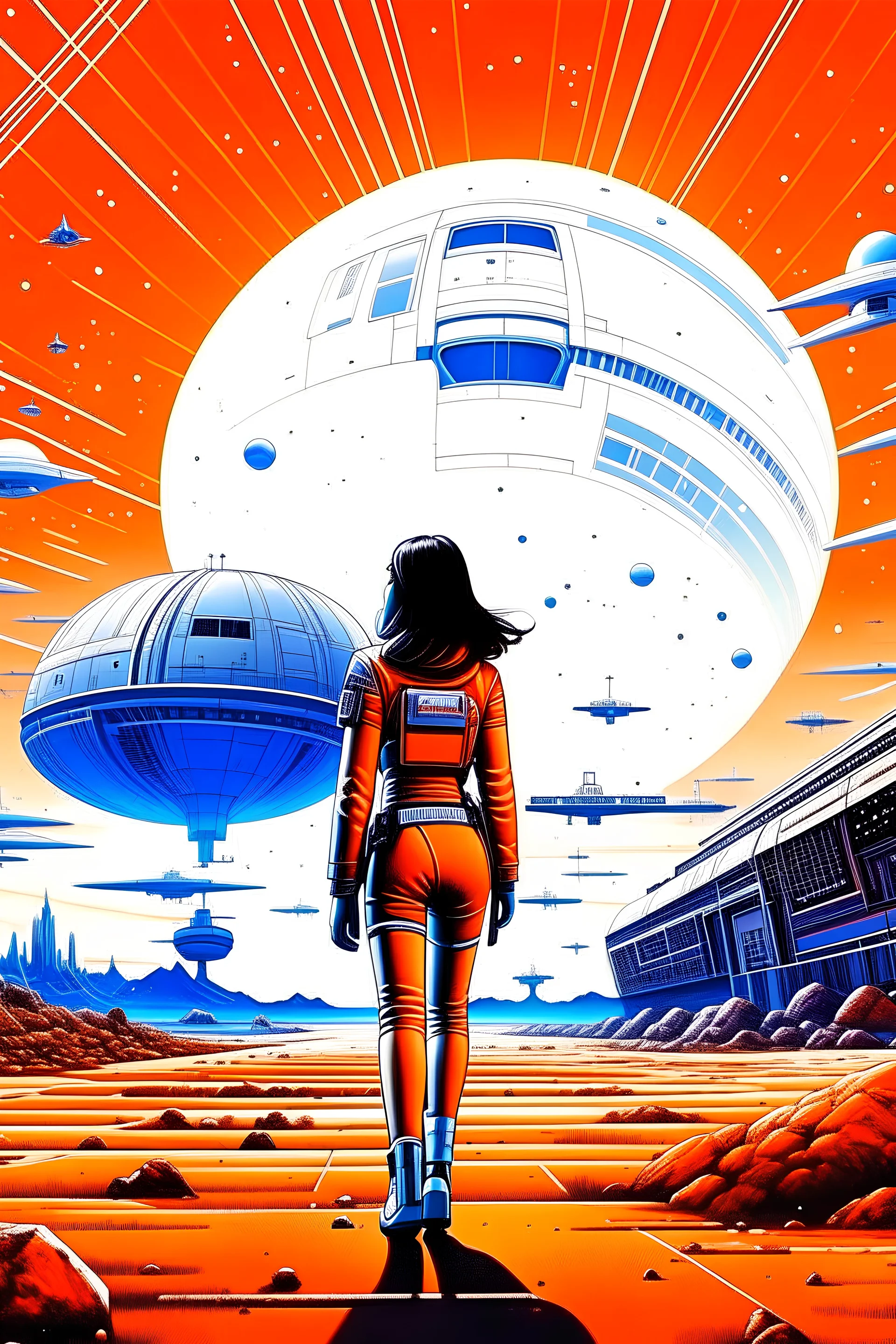 Kenji Tsuruta art style, space port, starship landing, a girl in skintight pilot suit walking toward the starship, perfect body, double mars in sky, several starships flying away far in background, detailed, sci fi, illustration