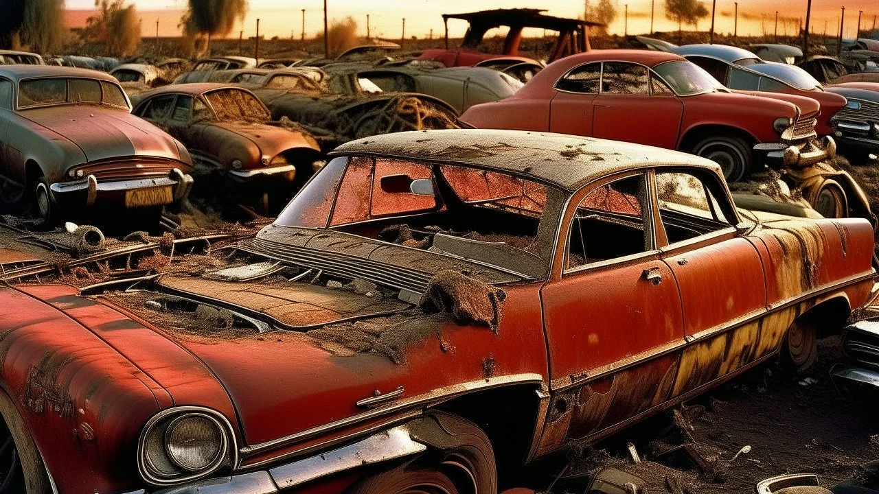 Cementerio de automóviles → Fotografía analógica → Americana clásica → Capas de coches apilados, cromados reflejando el cielo, parabrisas estallados como telarañas → Encuadre de 35mm con gran angular para distorsionar las pilas de metal → Luz de atardecer rojizo creando largos reflejos en los parachoques → Rojos rubi, cromados brillantes y verdes oxidados → Sueño americano roto y consumismo efímero