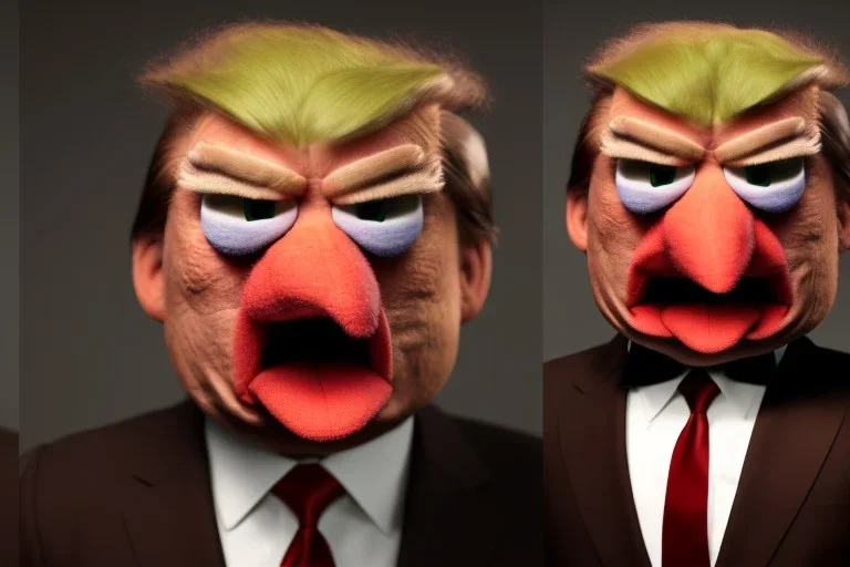 Angry muppet trump in a suit with a spray tan, No tongue