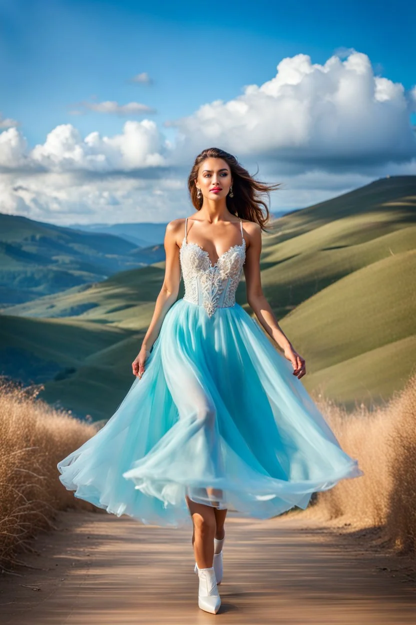 full-body closeup shot of a young, beautiful girl with a perfect face and makeup,wearing pretty dance dress standing in a stage in open air nice hills , blue sky ,pretty clouds at distant