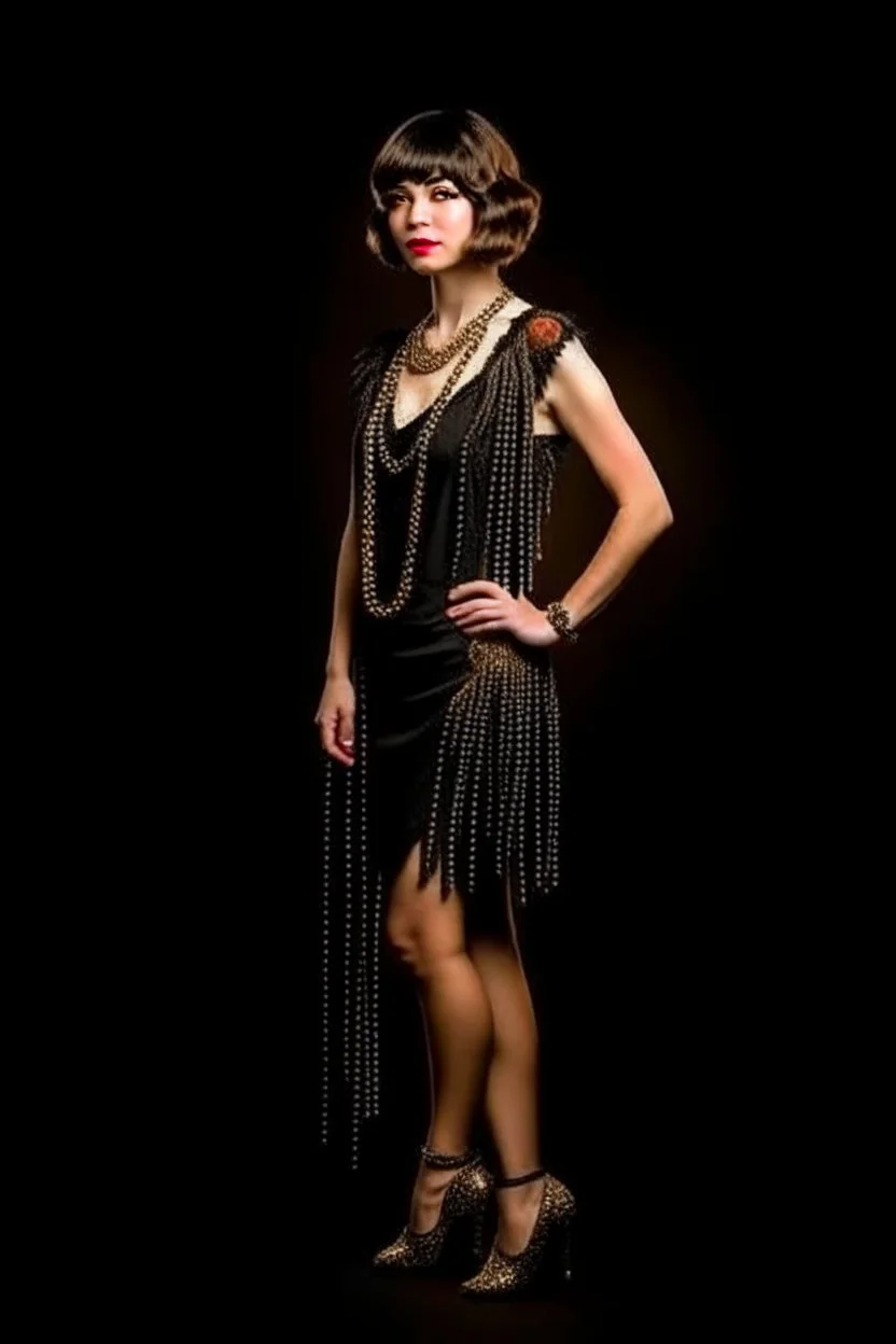 Full Body, slim burlesque Woman looking to the right, With A Bob With A Fringe Hairstyle, flapper Clothing, Steampunk