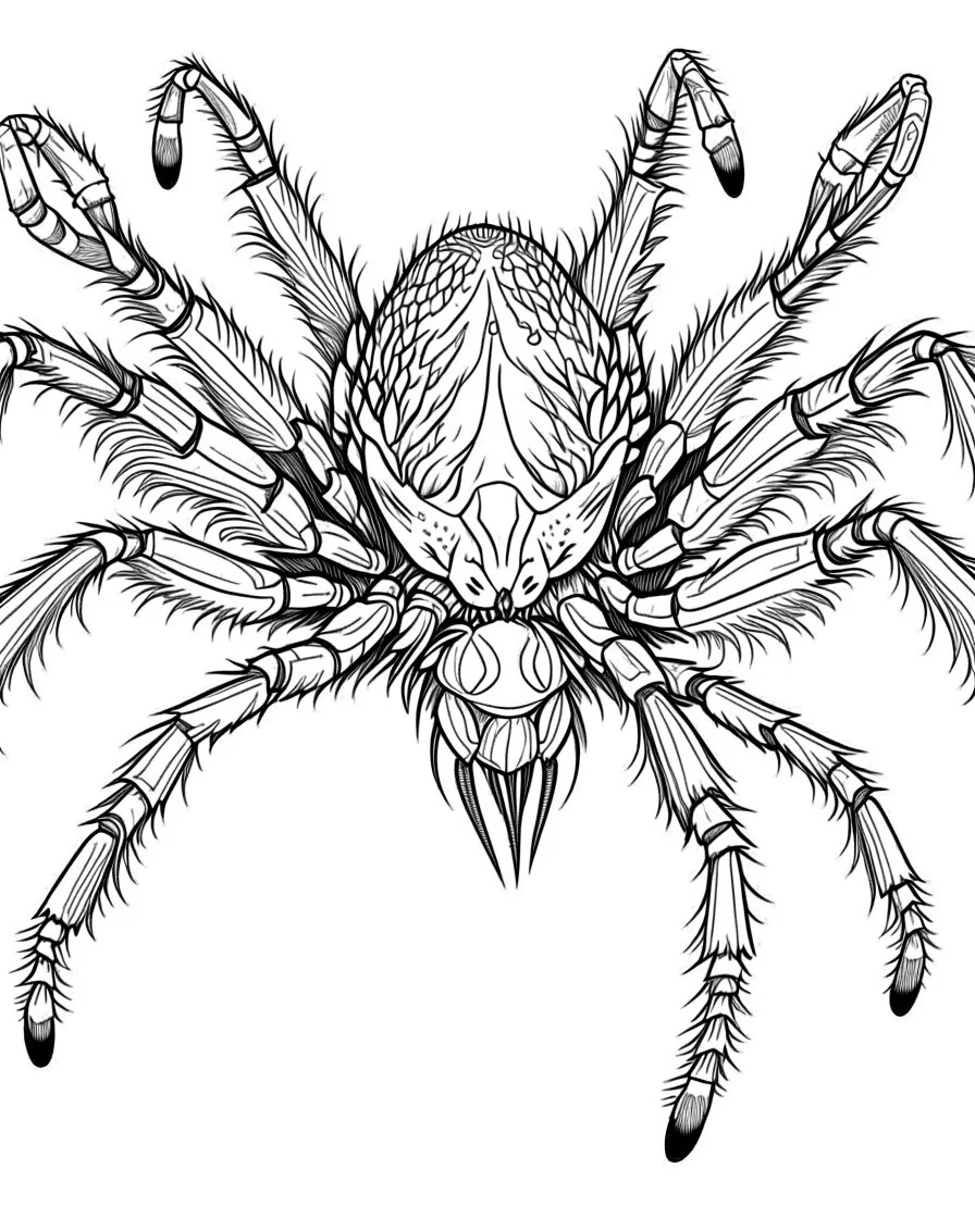 Cartoon outline, Goliath Bird-eating Spider, coloring pages, no color, highly detailed, black and white, white background, highly detailed