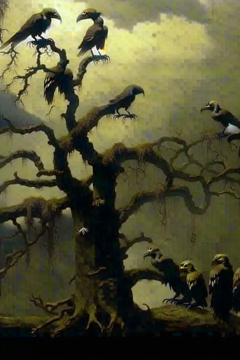 A group of crows standing on a scary tree without leaves . its skin is covered in moss and lichen, allowing it to blend seamlessly into its surroundings. Forest Spirits feed on the energy of trees and can create thick fog to confuse their victims.