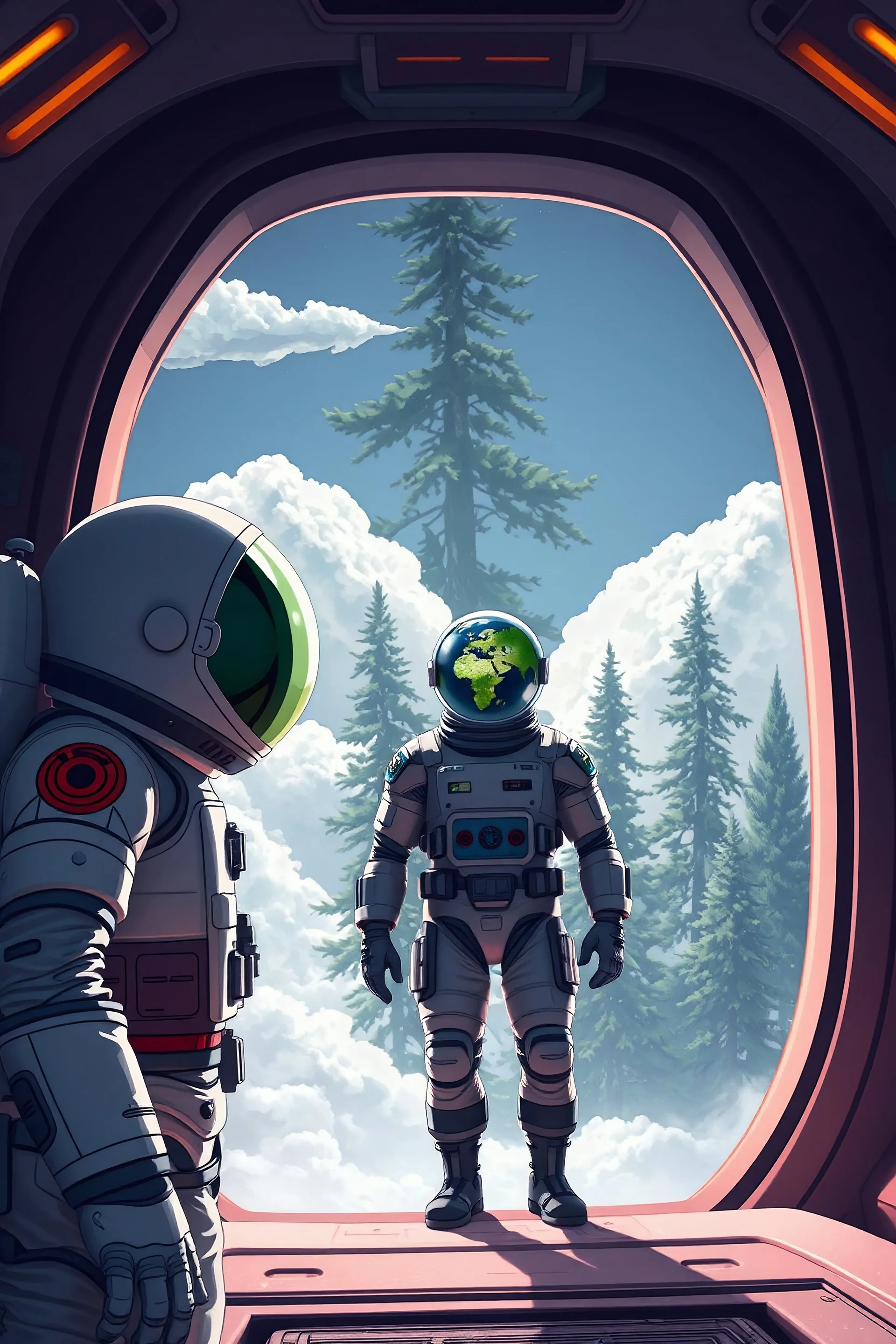 Two space men and one earth man close to spaceship open door clouds and big trees in the background