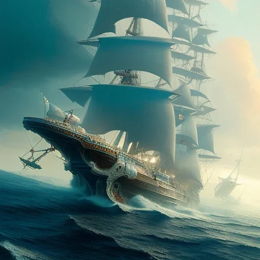 fullbody Drawing of 'The Galleon Ship',intricate detail,andrea bonelli,Kilian Eng,Ohrai,evan lee,Aleksandr Sidelnikov,three quarters frontal aerial view,toned colors,16k