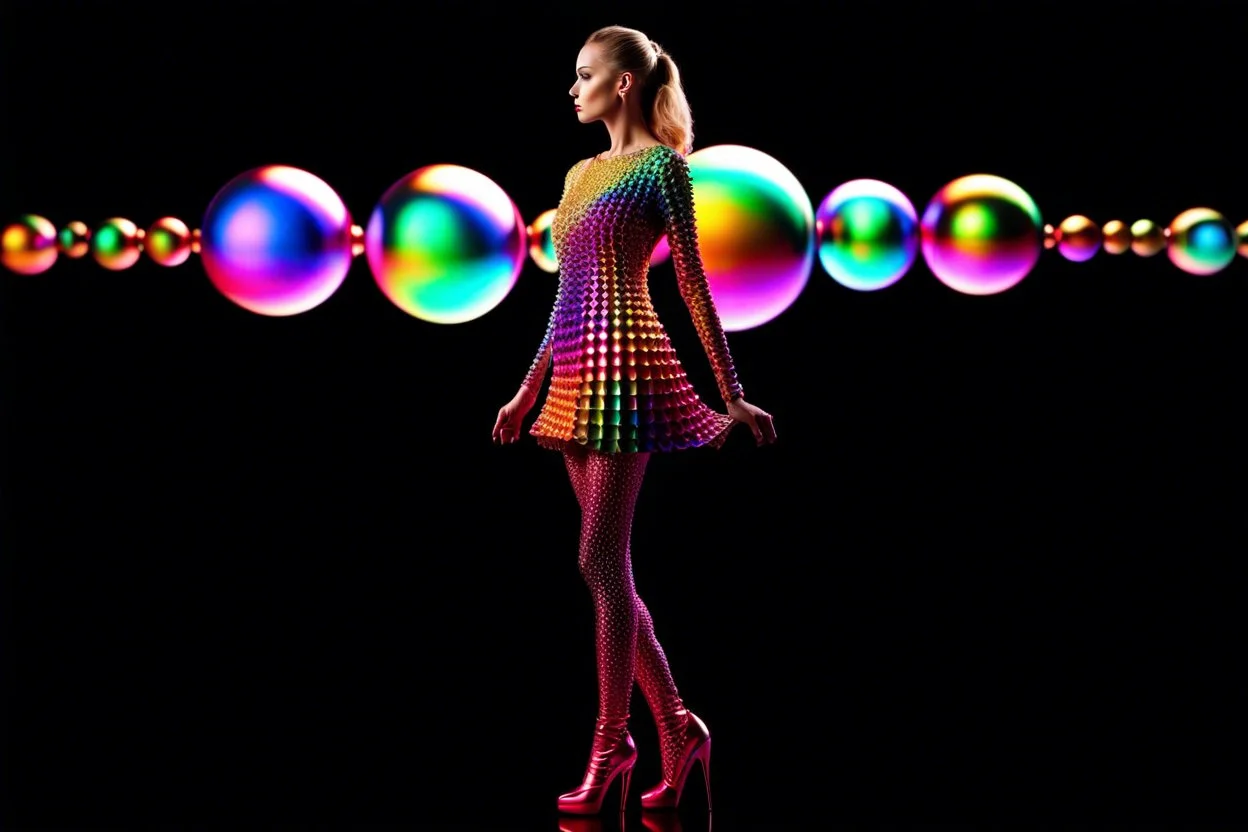 beautiful full body with long boots lady in surreal stage made of fractal random size spheres with helical strip colors in clothing similar to environment full body posing to camera,animating background metallic random color cubes