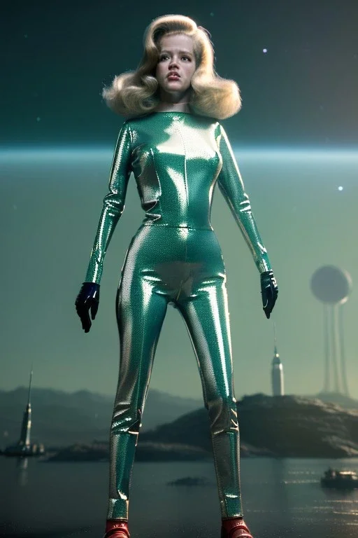 Ultra Realistic retro sci-fi portrait New York image from 1960, many spaceships, sweet young Jane Fonda, tight latex suit, weapon, fighting stance, soft color, highly detailed, unreal engine 5, ray tracing, RTX, lumen lighting, ultra detail, volumetric lighting, 3d, finely drawn, high definition, high resolution.