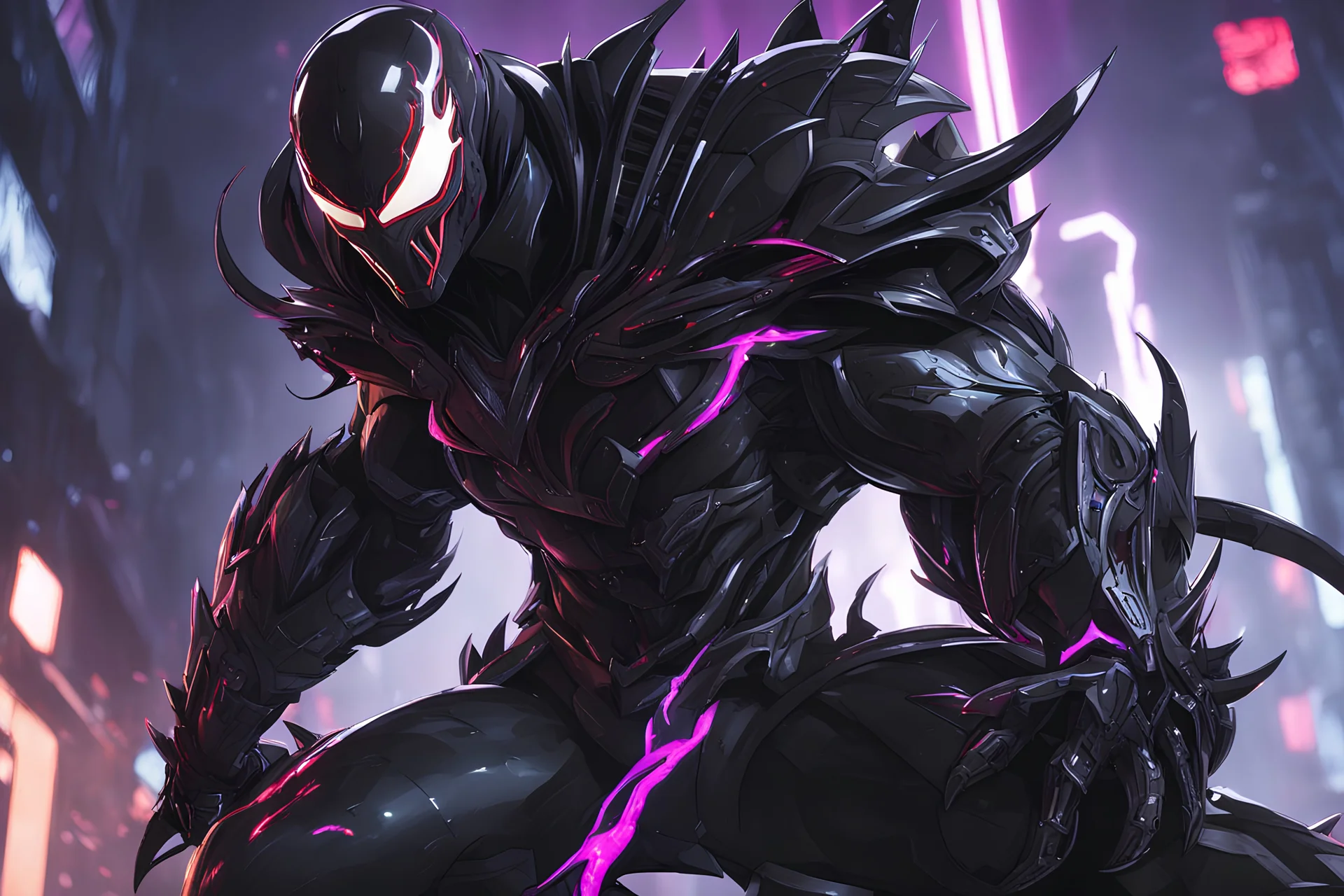 Venom Shredder in 8k solo leveling shadow artstyle, sombra machine them, close picture, rain, Shredder helmet, neon lights, intricate details, highly detailed, high details, detailed portrait, masterpiece,ultra detailed, ultra quality