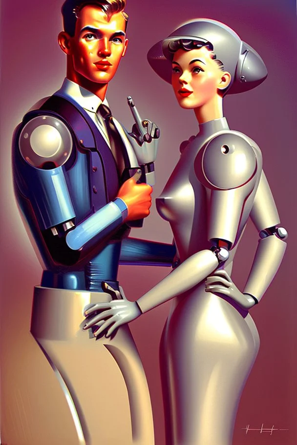 american dream portrait hansome man and a robot wife1950s