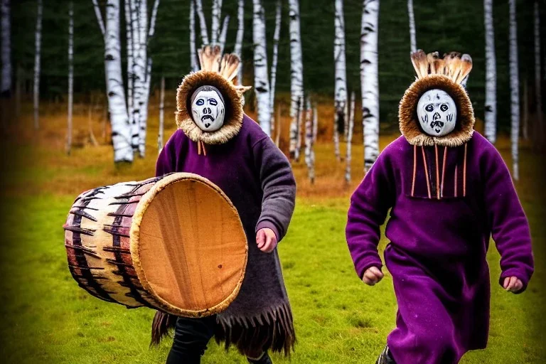 One Northern Native Man. gaffer. Two haunted kid running in the background, indigenous, birch-bark face-cover, Kekripukki, carrying drums made of birch-park, Scary Horns, Midwinter, Ghost, Mystic, Haunted Children, The children are dead, Witch, Wizard, Sage, Traditional Costumes, Full Face Painted with purple and green. Arctic Hills, Strange trees, Haunting Atmosphere, Crazy, North-Carelia, Karelia, Karjala, Karjalainen, traditional Carelian costumes, black tears,