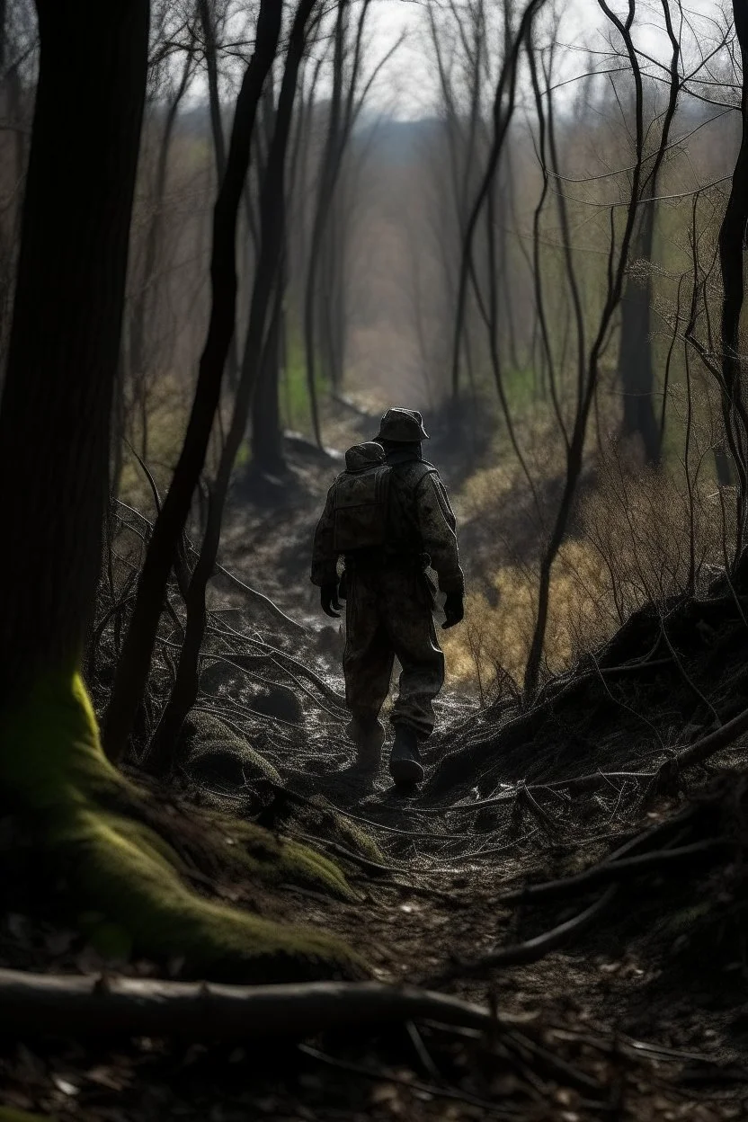 seorang penyintas sedang menyusuri hutan untuk kabur dari peperangan yang terjadi di tengah kota