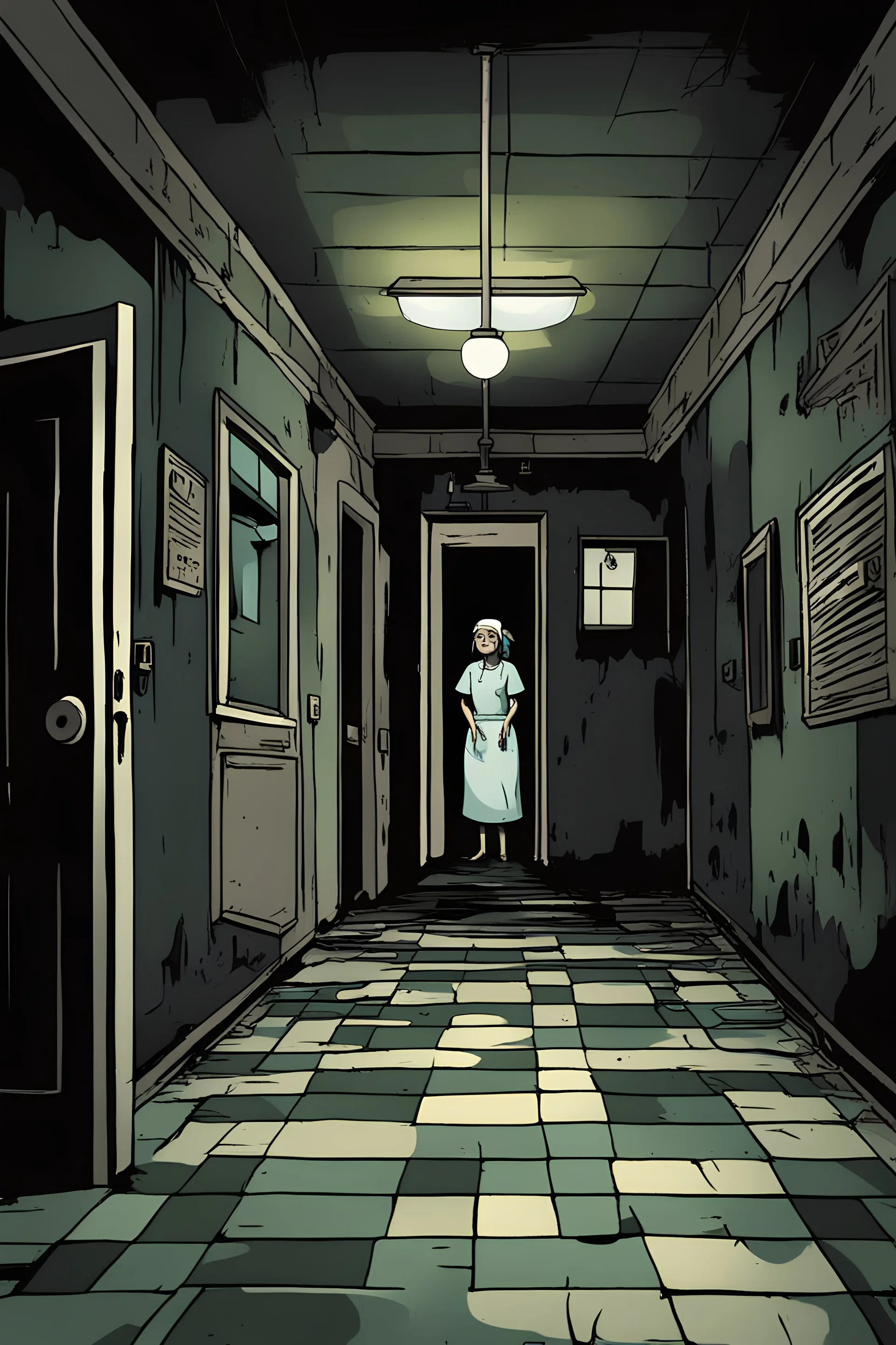 A chillingly eerie cartoon-style image depicts a desolate and abandoned hospital consumed by haunting darkness. The flickering lights cast an ominous glow on the ghostly nurse lurking in the shadowed corridors. Against a dark background, vibrant and vivid colors intensify the sinister atmosphere. This high-quality image, resembling a haunting painting, showcases every eerie detail meticulously, immersing viewers in the macabre narrative of a forgotten place.