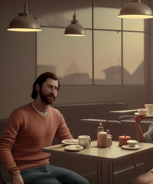 Realistic scene, man and woman sitting in cafeteria and having breakfast levitating, 0 gravity, Wes Anderson, soft color, highly detailed, unreal engine 5, ray tracing, RTX, lumen lighting, ultra detail, volumetric lighting, 3d, finely drawn, high definition, high resolution.