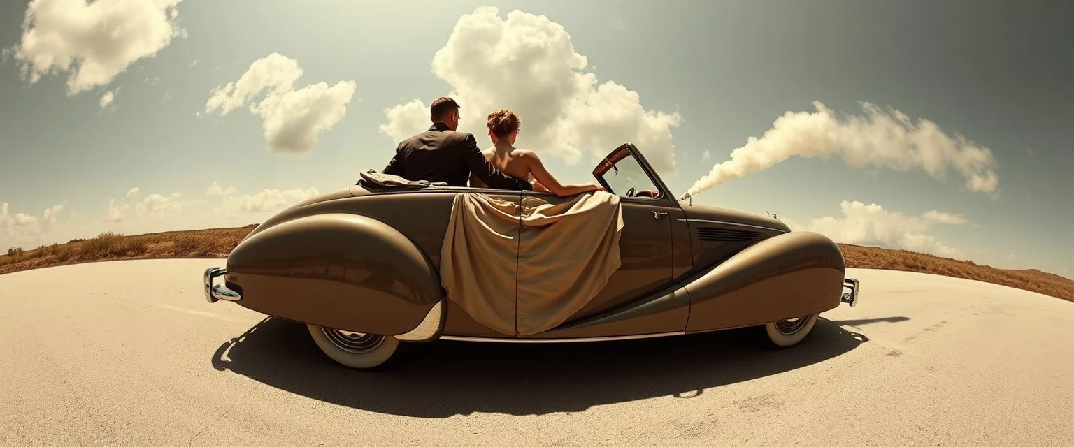 arafed image of a couple riding in a car on the back of a car and a woman in a dress, nouveau realisme decollage, multiple views, 1 9 5 0 s style, by Igor Morski, modern car design, panoramic photography, by Richard Hamilton, sepia photography, diptych, v - ray collection, 1 9 5 0 s concept art ) ) ), panoramic anamorphic, renault, gray anthropomorphic, hyperrealistic mixed media, triptych, archival, peugeot prestige, white steam on the side, diptych, storyboard, james turrel, inspired by Laurie