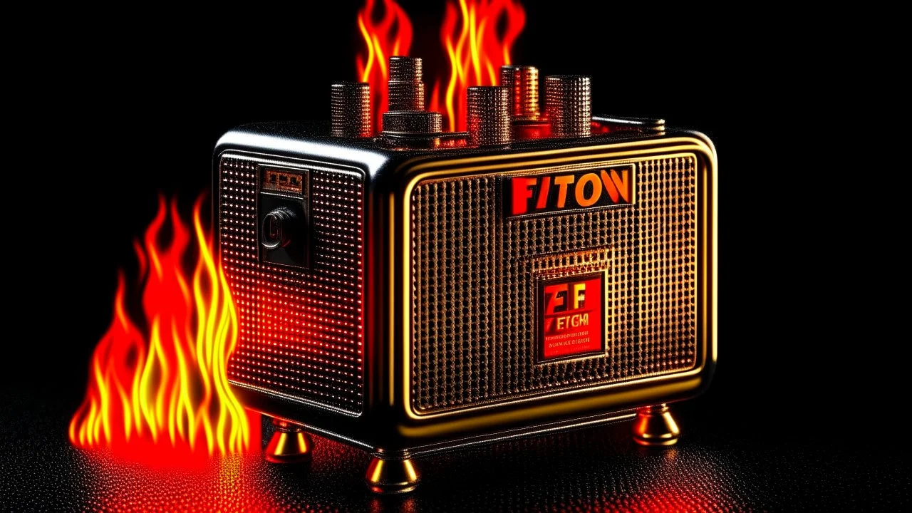 Logo emission radio metal firestarter. 4k full realism, ultra details, lumieres maximum. Studio de radio en feu en arrière plan.