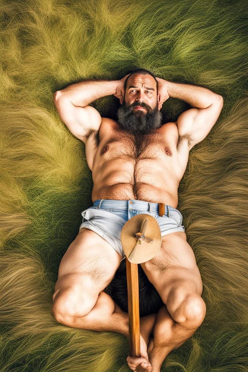 close up, aerial top view shot photography of an ugly 41 year old beefy big robust burly turkish carpenter , relaxing in the meadow, , hands behind the head , wearing bulging shorts, shirtless, hairy chest, manly chest, manly legs, serious, very virile, short beard, shaved hair,, , in a sunny day, photorealistic , photorealistic