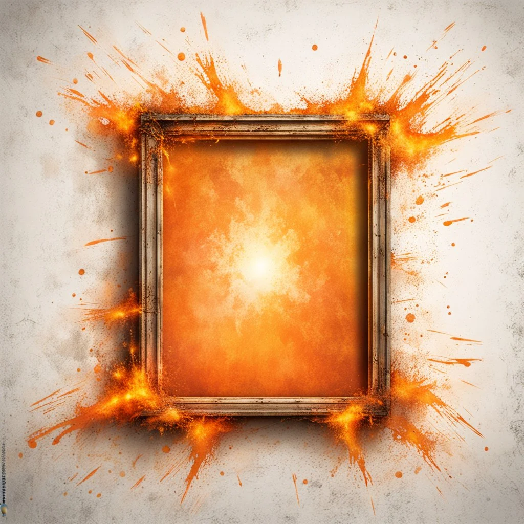 Hyper Realistic Light-Orange Grungy-Stroke-Frame With Glowing-Golden Embers on Grungy Retro-Jet-White-Wall-Background.