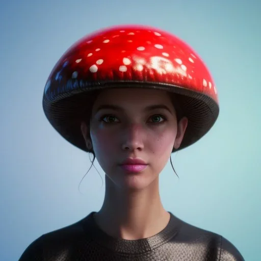 Mushroom head girl unreal 5, octane render, cinema4d, redshift render, hyper realistic, cenematic, vibrancy, synthwave, retouch, centered, dynamic lighting, dramatic lighting, 4k, highly detailed, attractive beautiful, realistic, epic composition, holographic,