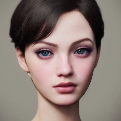 potrait girl look beautiful, close-up, dramatic, eyes like ocean blue, short hair, smile, 8k, rtx, eyebrows like serious, facing left, real, cute, hyper realistis