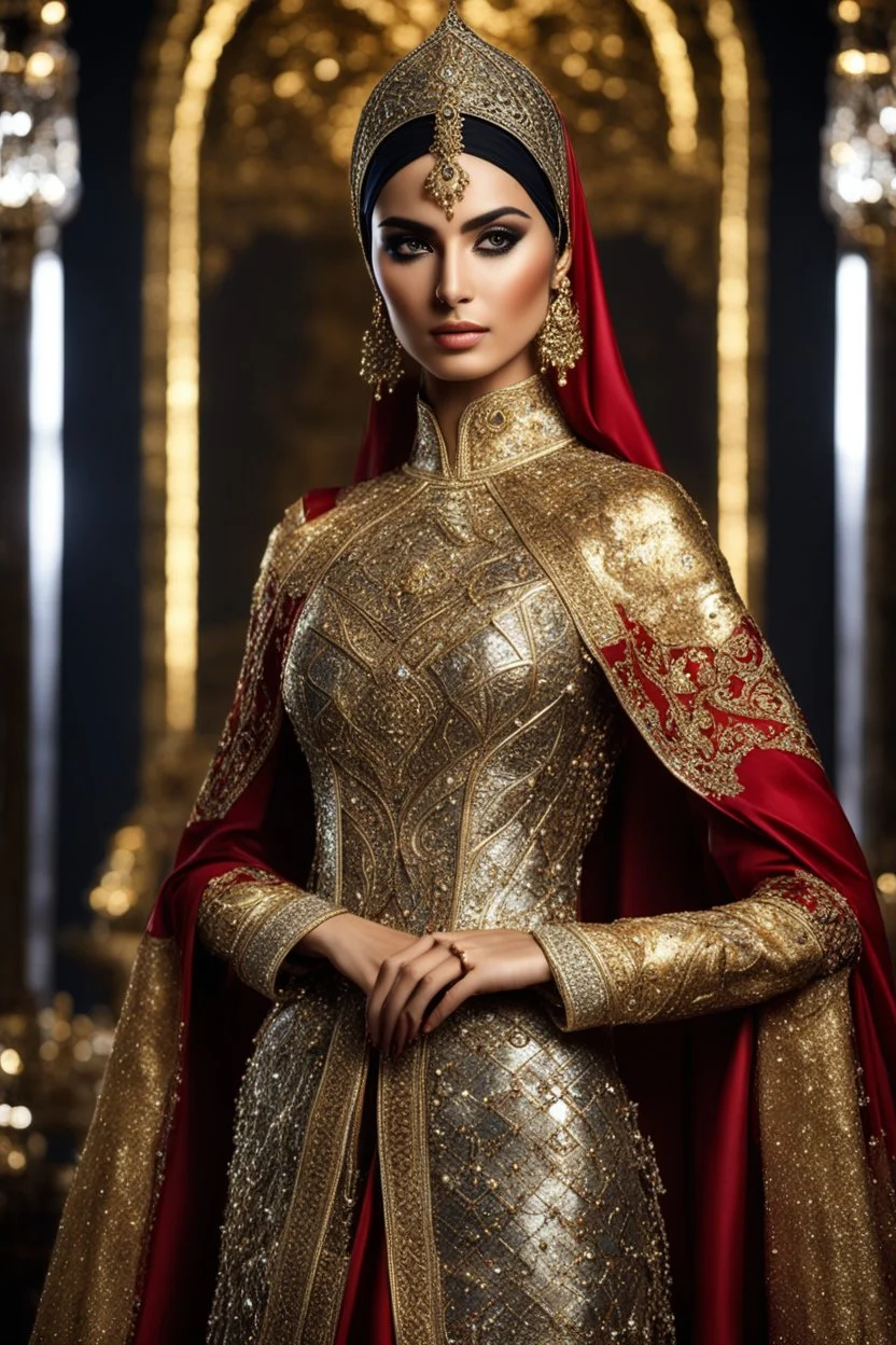 Realistic photography,front view, Beautiful Islamic Iranian super model Iranian Hijab Woman,dressing luxury party gown,looking at viewer,traditional dress ornaments Luxury gown Byzantine traditional, intricate armor, delicate golden shine bright, black metalic parts, detailed part, jewelry diamonds,dynamic pose,abstrac background, dynamic lighting, red hour, full body portrait