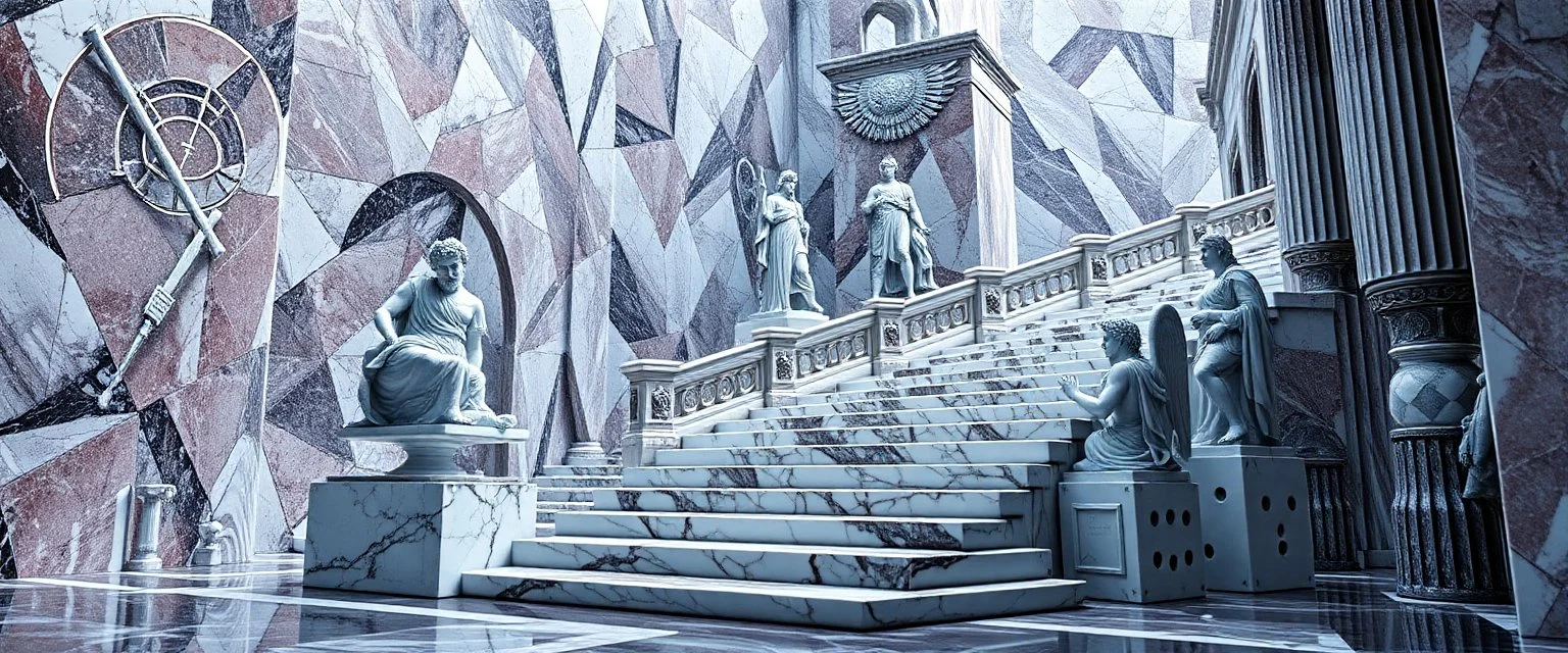 greek gods and heroes, the chariot, the fool and the tower tarot card disaster rendered in magnificient 4d glossy marble stones reflective and wet, like mirrors, winding stairs, watchers, statues of perfect octahedron dice