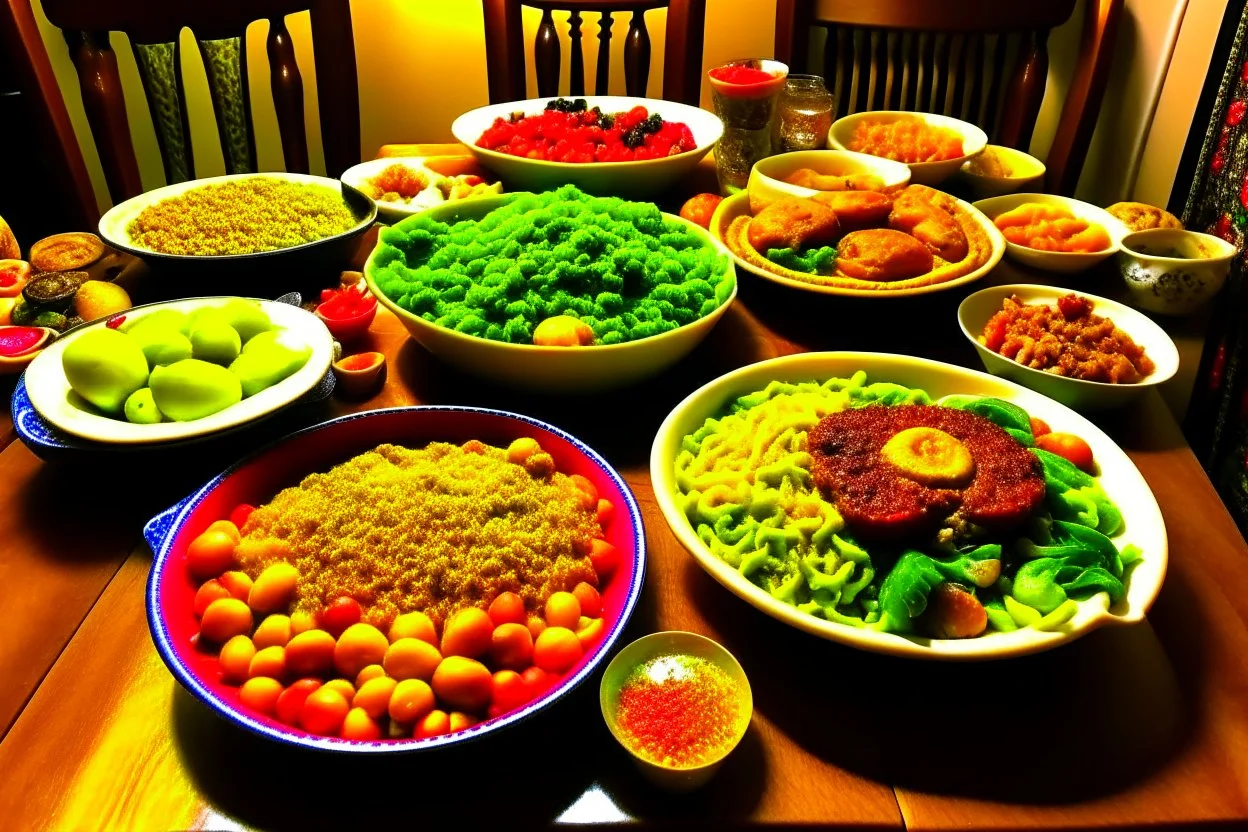 لقطة لوجبة منزلية شهية مع مجموعة متنوعة من الأطعمة المحلية، تجسد تجربة السفرة المنزلية وتواصل العائلة والأصدقاء حول الطعام.