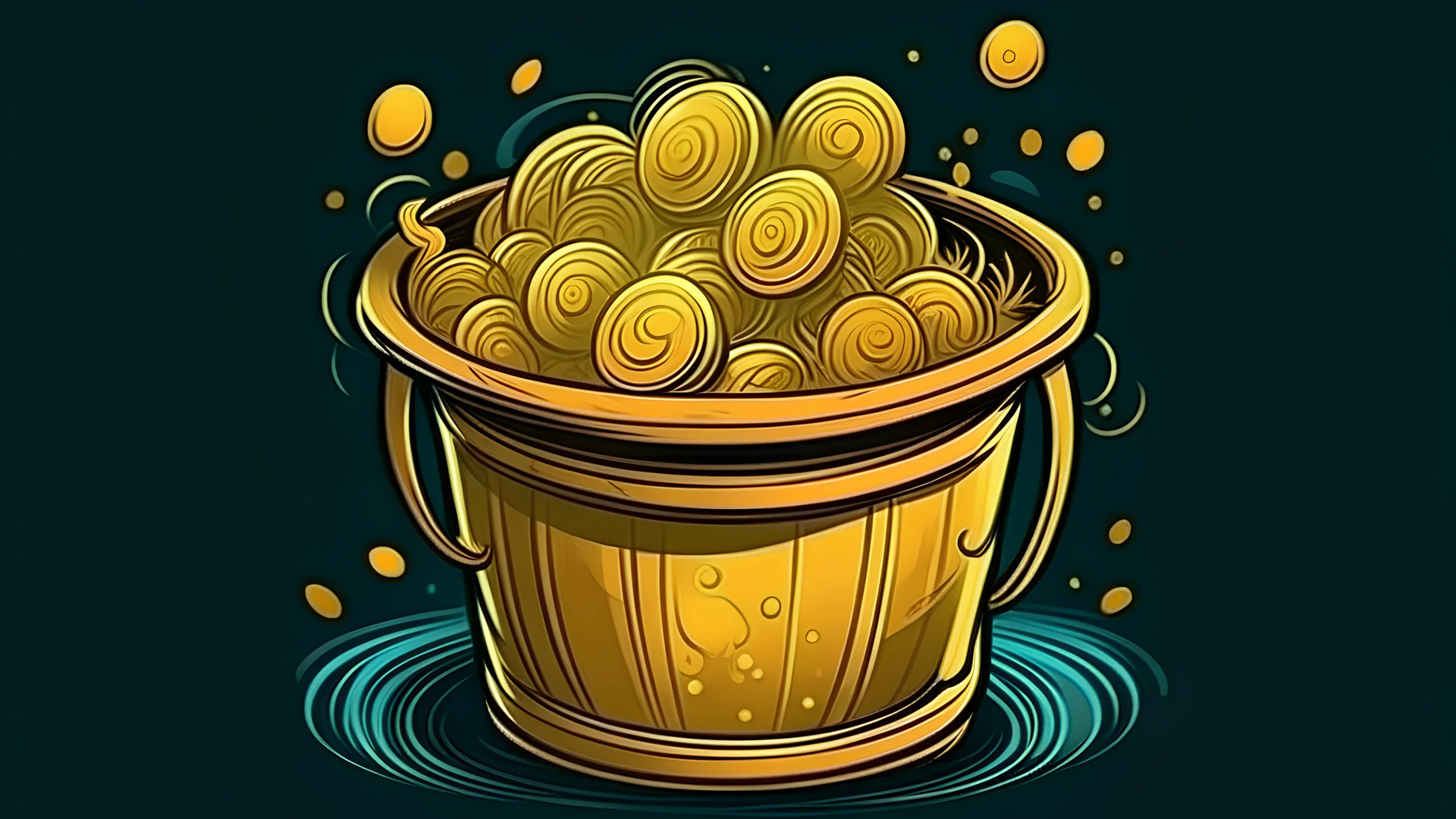 fantasy cartoon style illustration: golden coins in a bucket