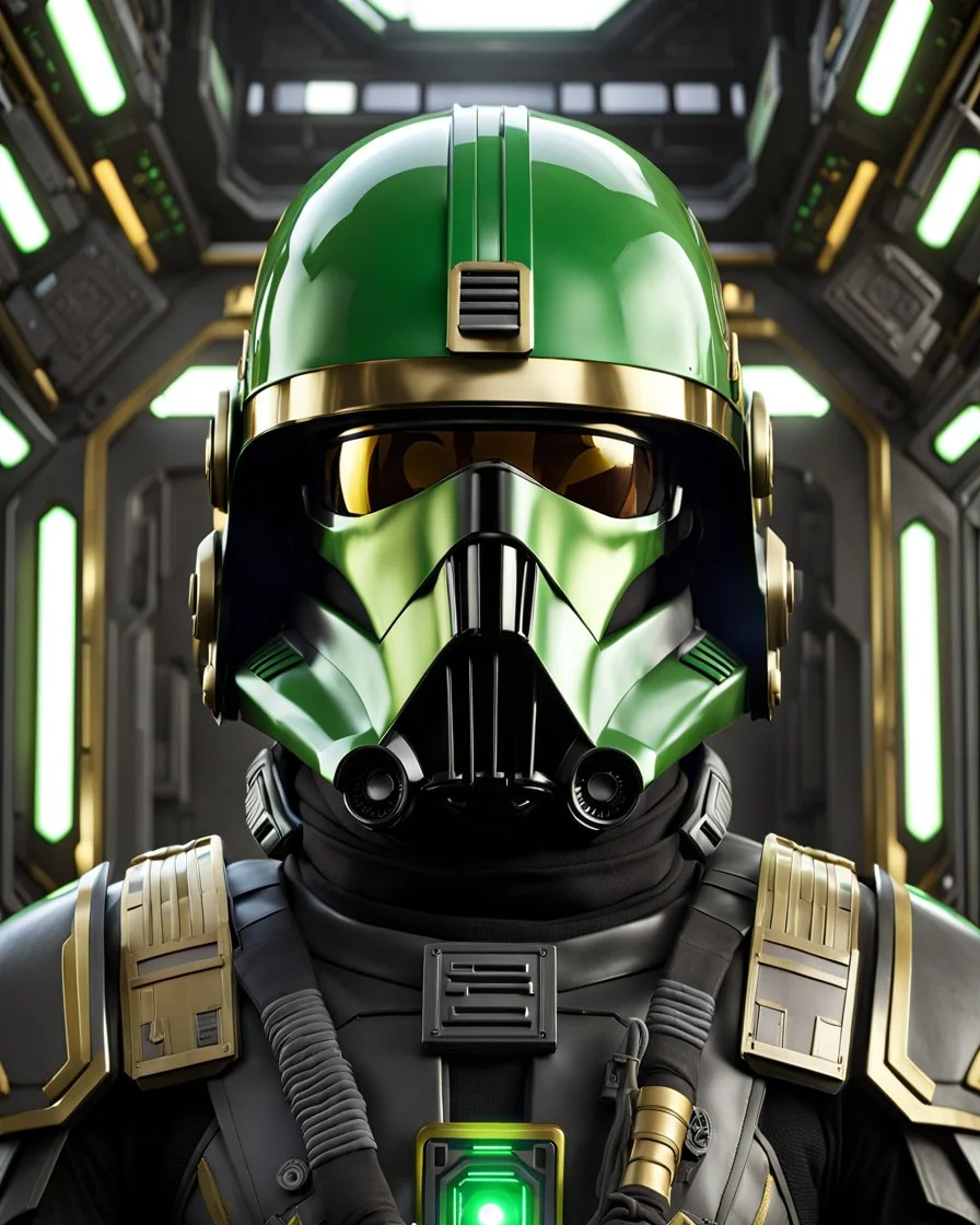 star wars bald male corellian pilot wearing black and bright gasoline green First Order special forces TIE pilot commando armored flightsuit and helmet with gold trim inside the jedi temple, centered head and shoulders portrait, hyperdetailed, dynamic lighting, hyperdetailed background, 8k resolution, volumetric lighting, light skin, fully symmetric details