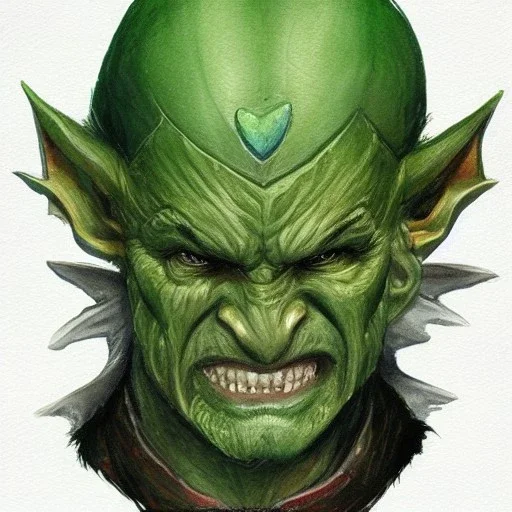 dungeons and dragons, fantasy, goblin, king, green skin, watercolour, distinct face, portrait, head