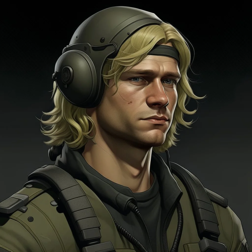 The submarine mechanic Blicke Blocknyckel, a blonde man with a mullet and chinstrap realistic grimdark