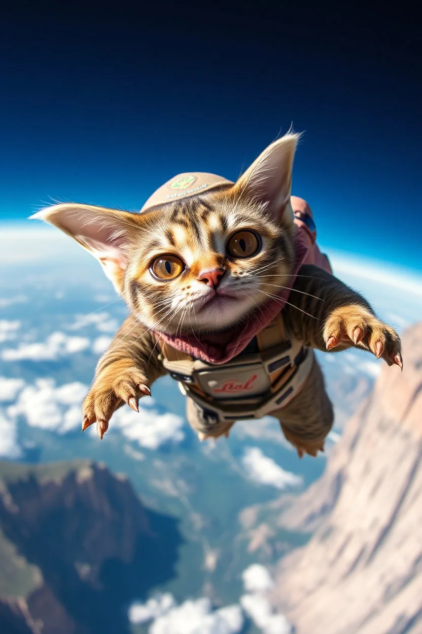 close up on cat captain gremlin flat earther paratrooper from spaceship jumping over cliff hang