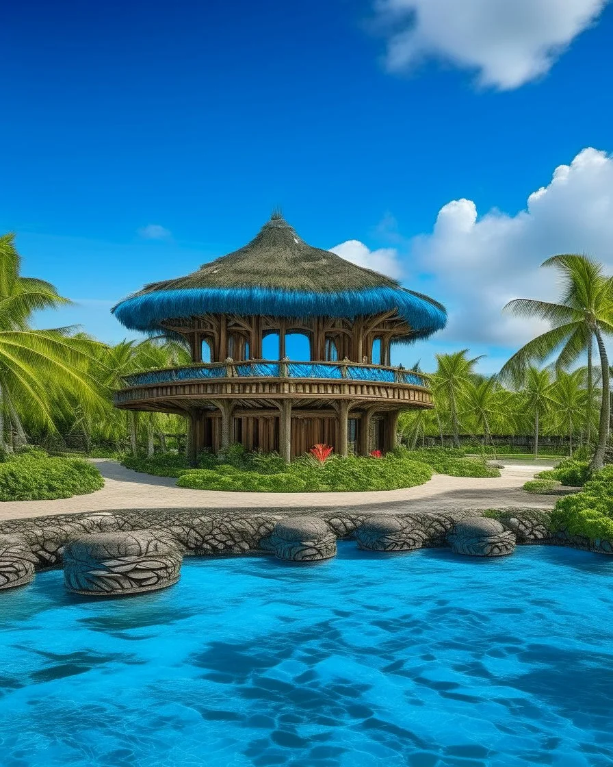 A blue resort on an island designed in Hawaiian tikis