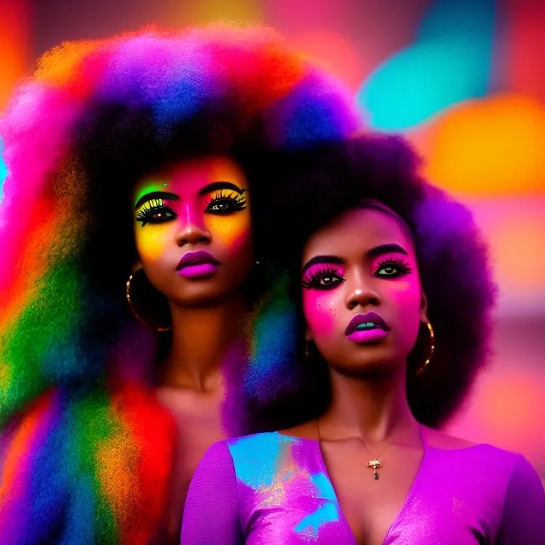 full body shot, masterpiece, best quality, family of three, black skinned, sparkling eyes, fluorescent skin, colorful makeup, afro, highly detailed body, afrofuturism, scifi, sun light, 4K, RAW, depth of field, high contrast, realistic details, 24mm