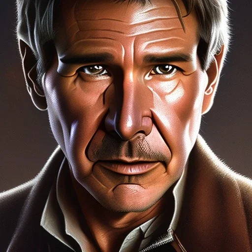 photo realistic detailed head to waist stunning portrait of harrison ford as han solo in star wars with photo realistic short hair, brown eyes, professional painting by drew struzan, trending on artstation, Sharp focus, weathered skin,space jacket from star wars