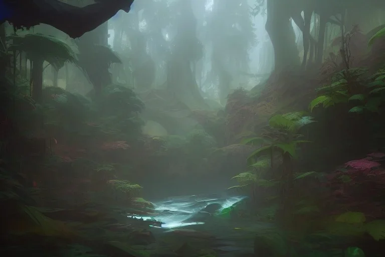 Concept art of A bright Washington rain Forest by Justin Gerard