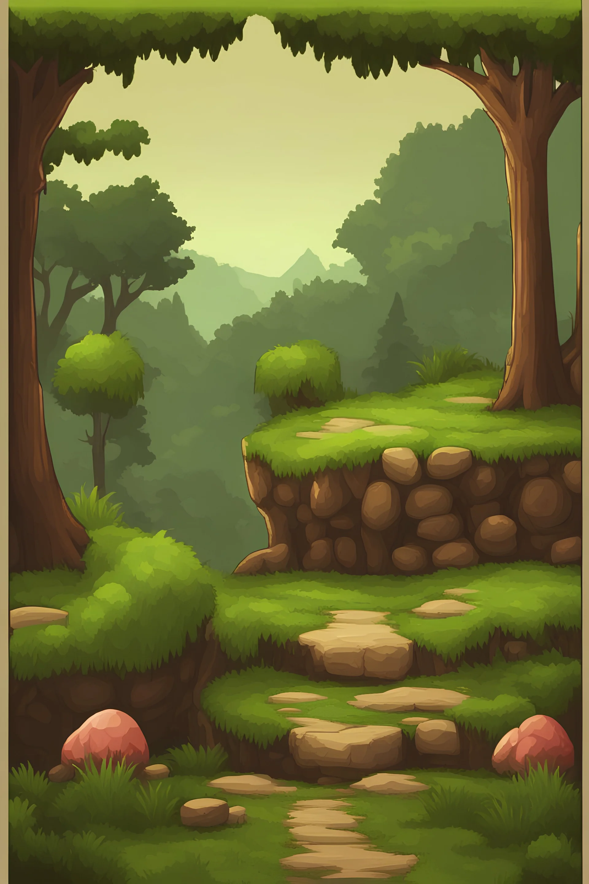 landscape for retro 2d platformer with grass, ground, trees etc