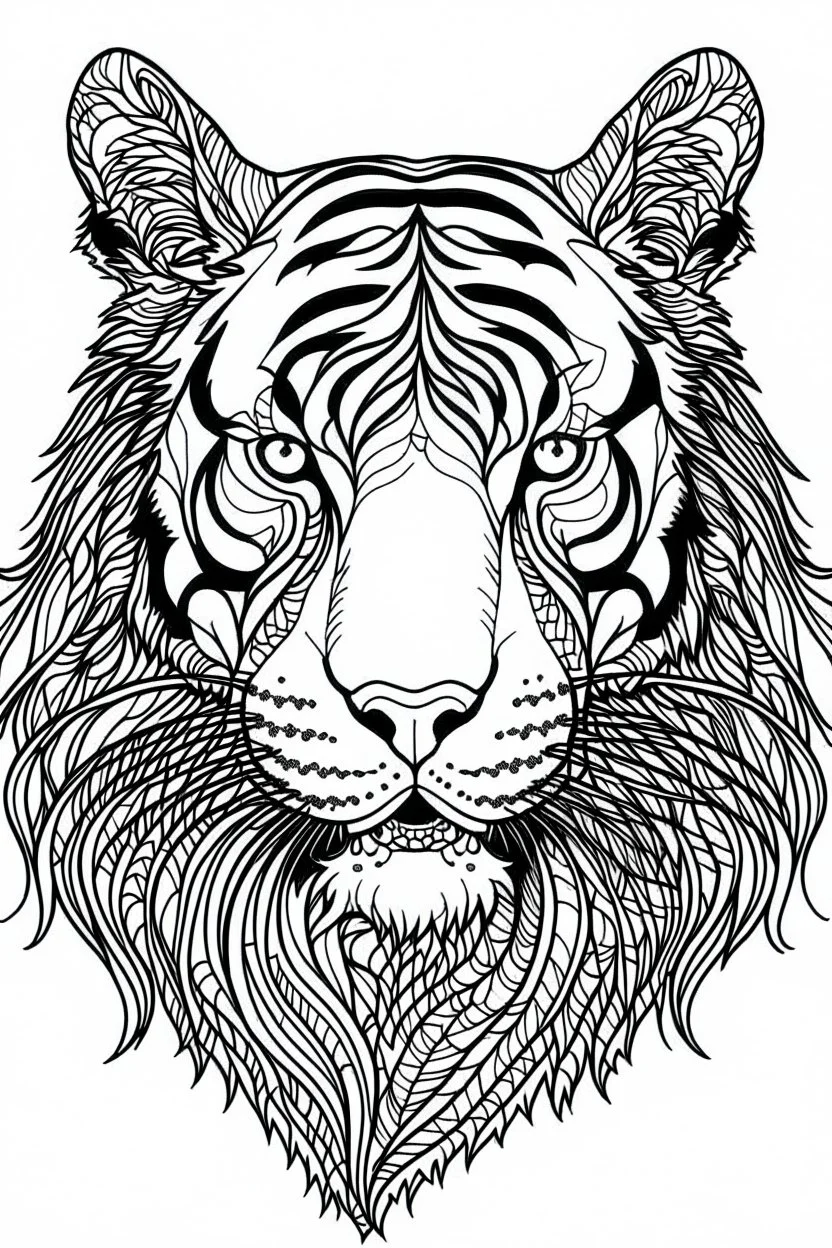 outline art for an Adult coloring page, Sketch style, only use outline< Block print style Tiger, clean line art, white background, no shadows and clear and well