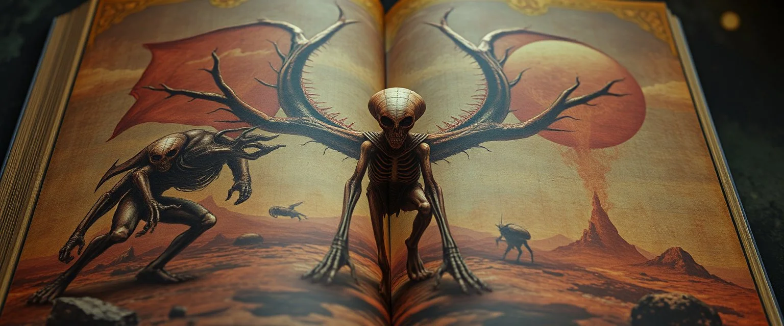 a high definition screen shot of a ancient alien anatomy book detailing the creatures found on other worlds, retrofuturistic, phototrealism, Macabre Rapture End of days Revelation scene, isanely detailed matte oil painting, sinner apotheosis,diagonal composition, unbalanced, abstract surreal horror, eerie, scary warm colors, Eldritch, JonKnockTurnal 2999 ufo, bilaterally