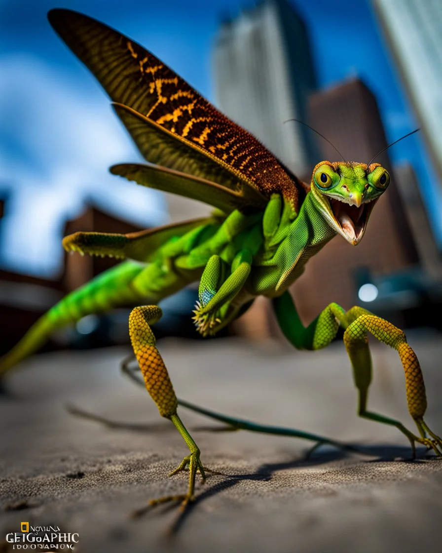 a national geographic style photograph of a eagle mantis lizard hybrid attacking detroit