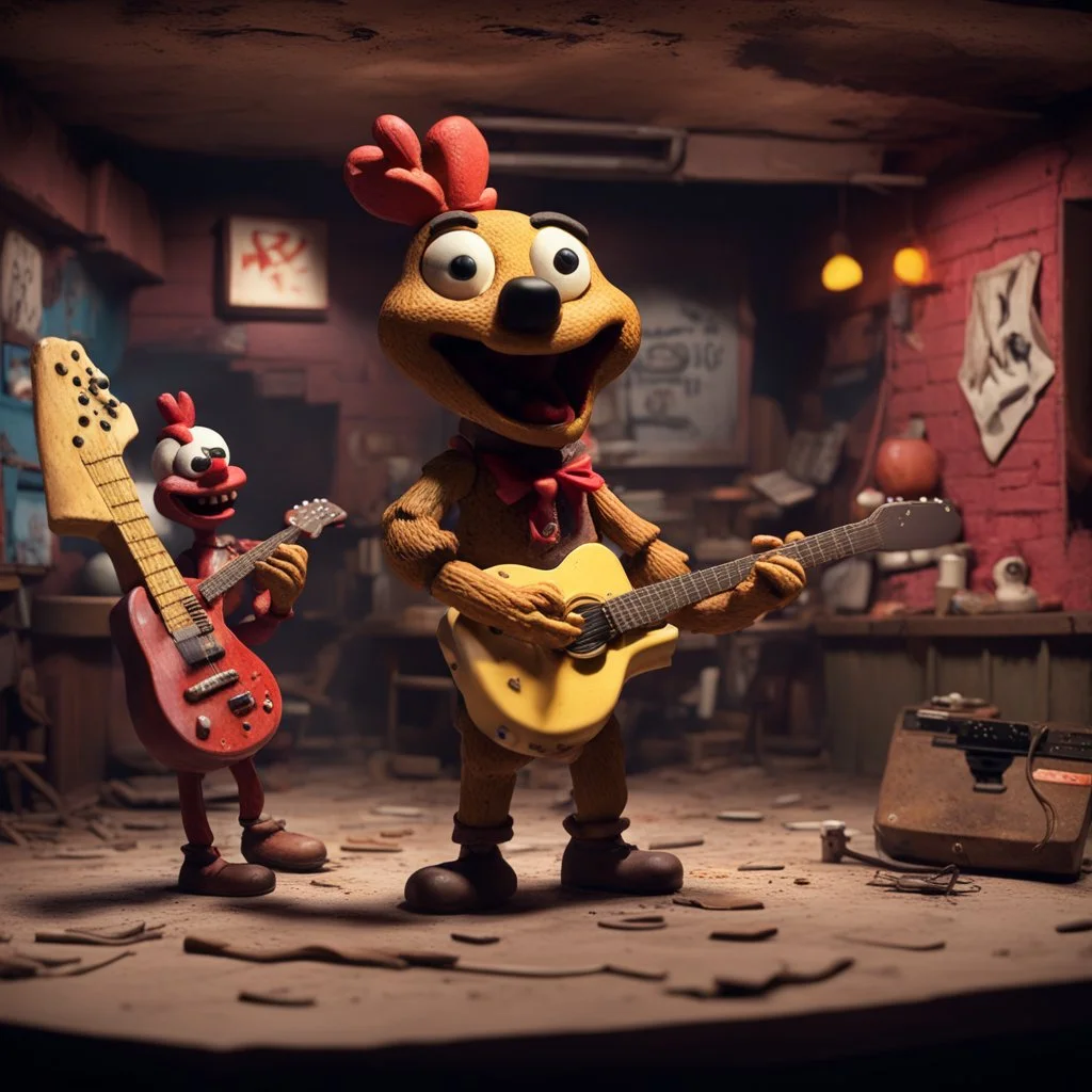 "CLAYMATION”, sinister clay Freddy Fazbear and Chica Chicken playing guitars on an abandoned '80's Pizzaria stage, creepy, spooky, sinister, clay figures, clay scenery, clay sculpture, 16k resolution, claymation movie still, "Five Nights at Freddys" aesthetic, Studio Laika, wide-angle lens