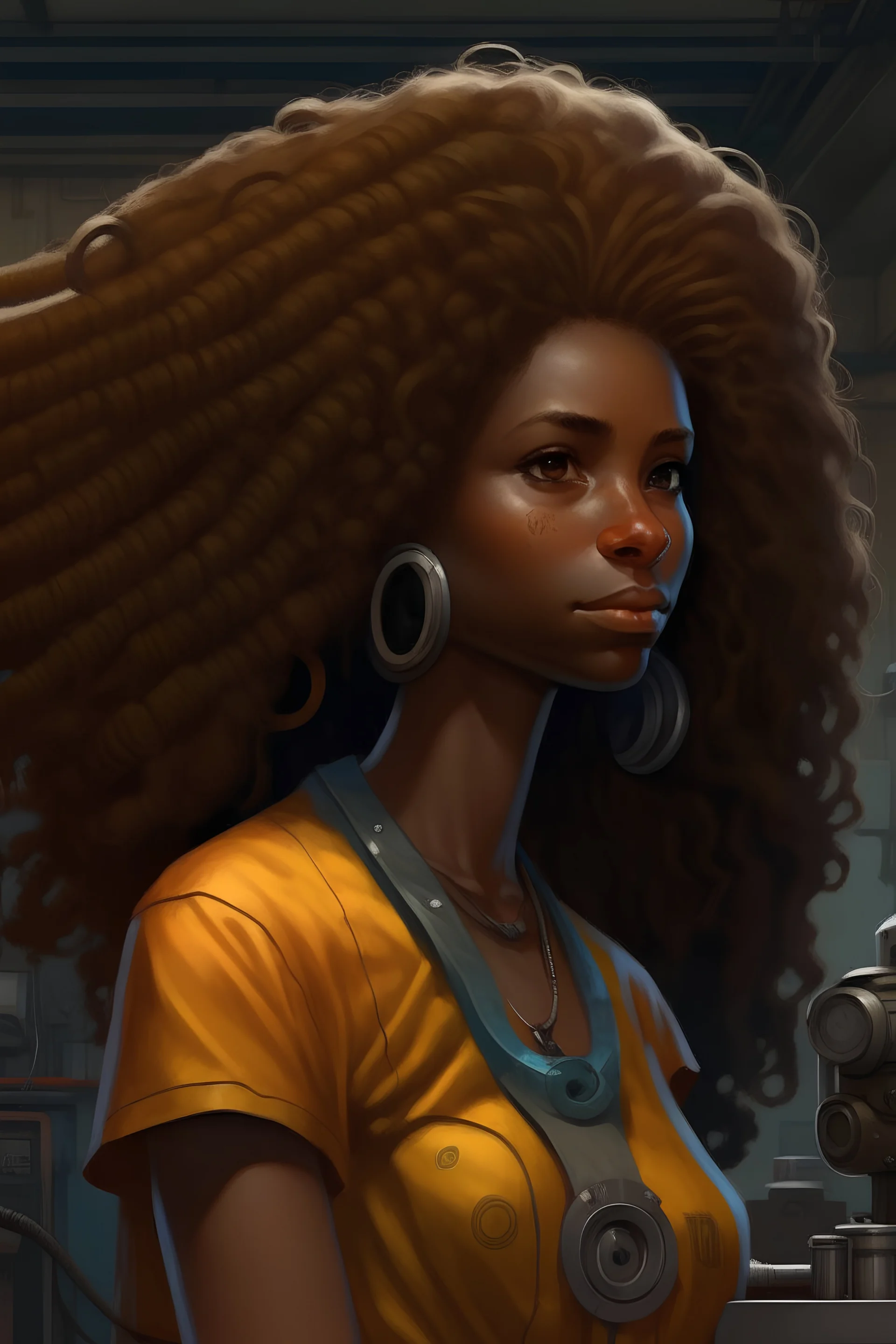 african fantasy mechanic girl with long big afro hair