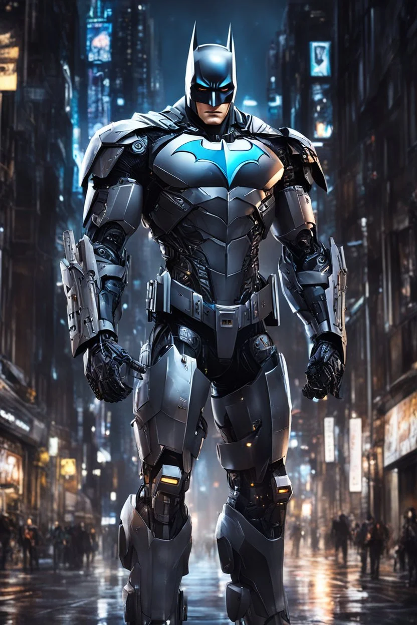 Full body robot cyborgs mechanical realistic Batman hyper detailed,background night city street