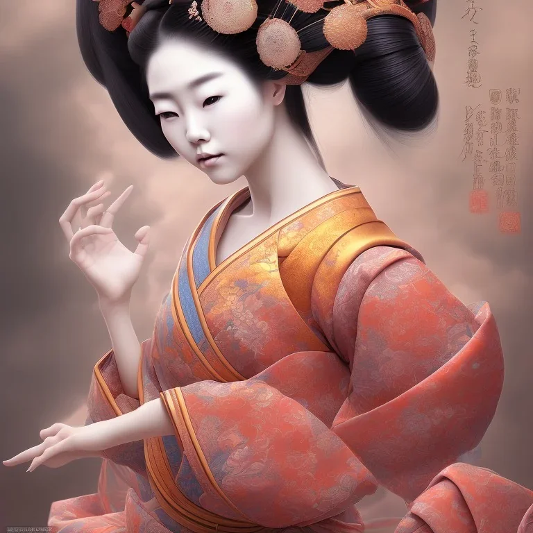 full portrait of wonderful japanese woman geisha,giant boobs, high detail, volumetric lighting, tiny features, intricate detail,volumetric clouds