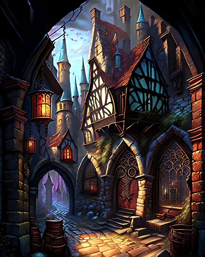 medieval fantasy cobblestone town with stained glass window buildings fairytale rpg art